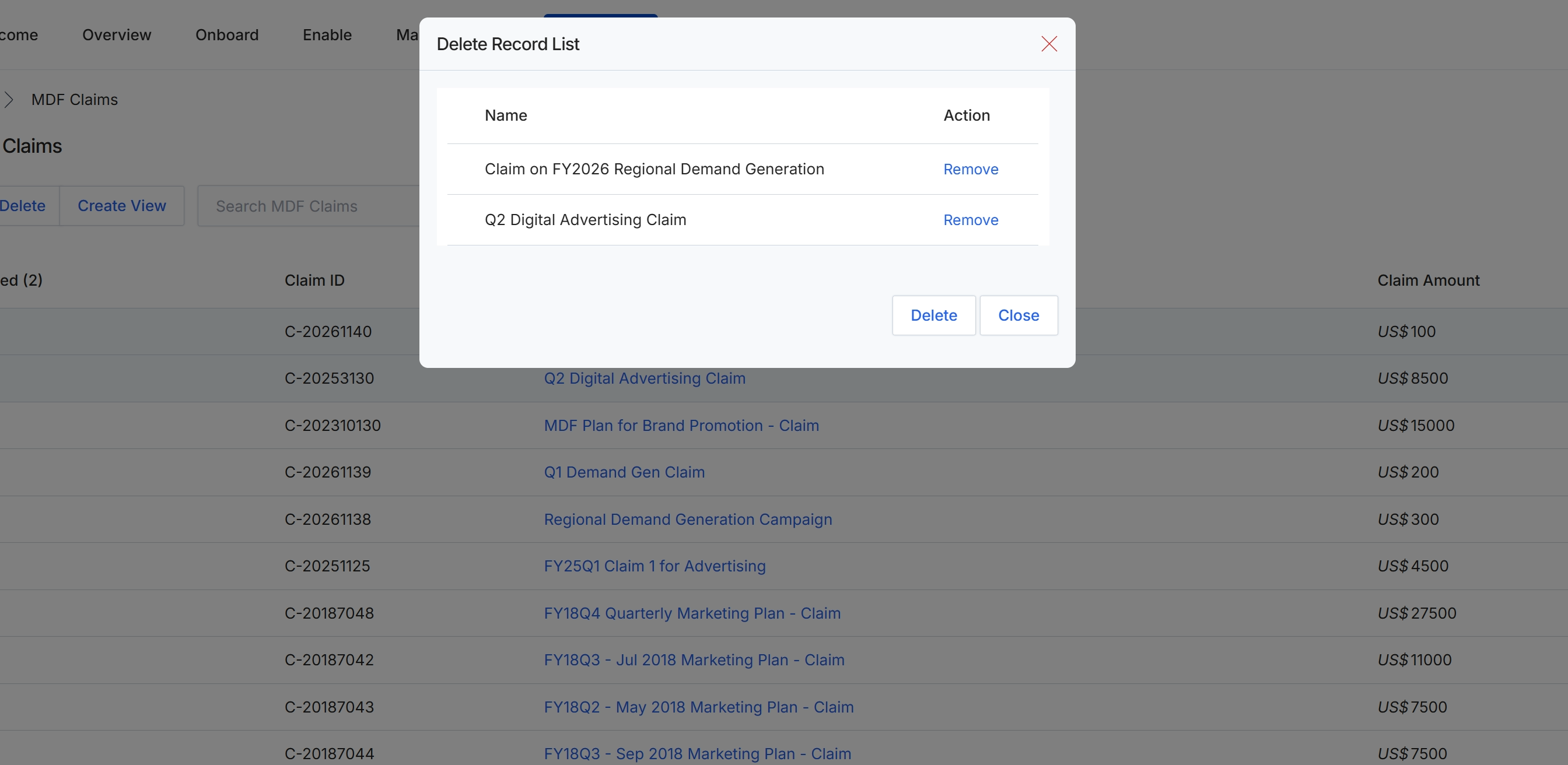 MDF claim deletion confirmation dialog
