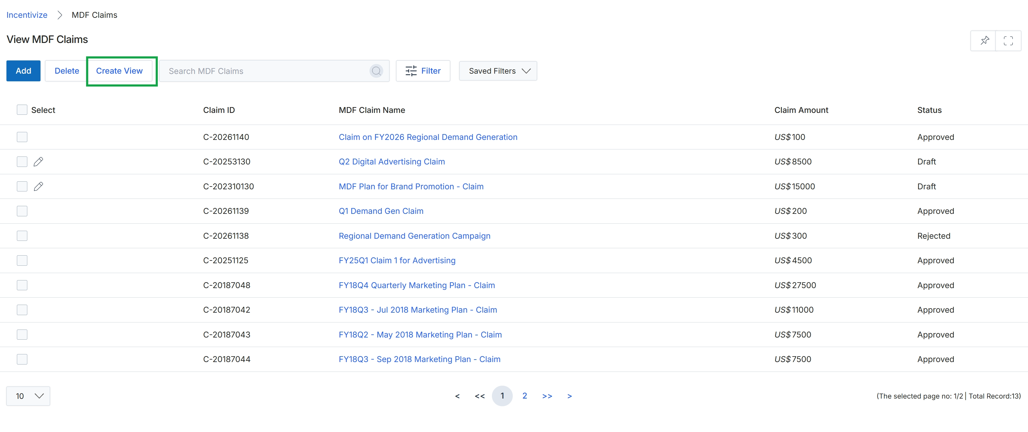View MDF Claims list page
