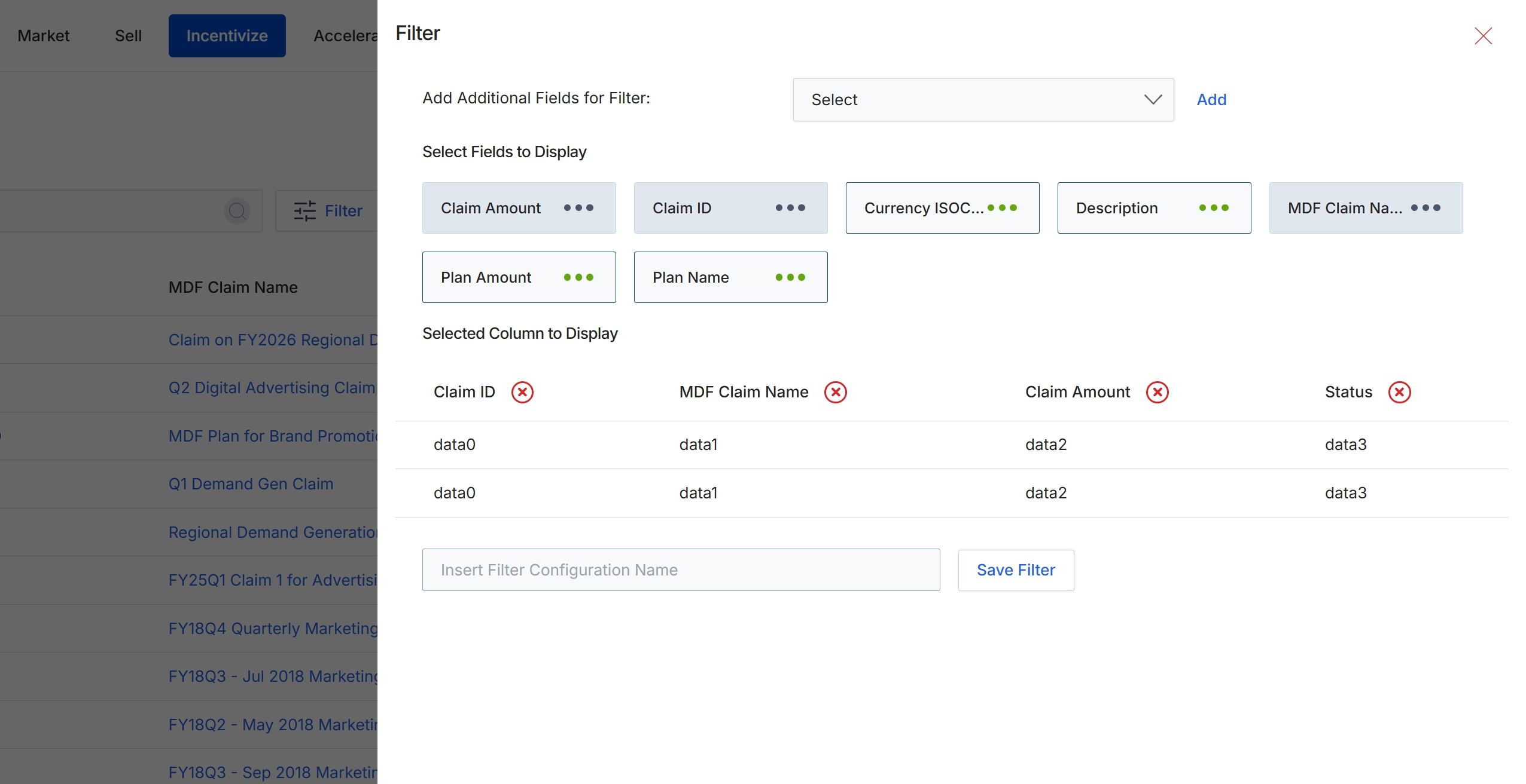 Filter configuration dialog for MDF Claims