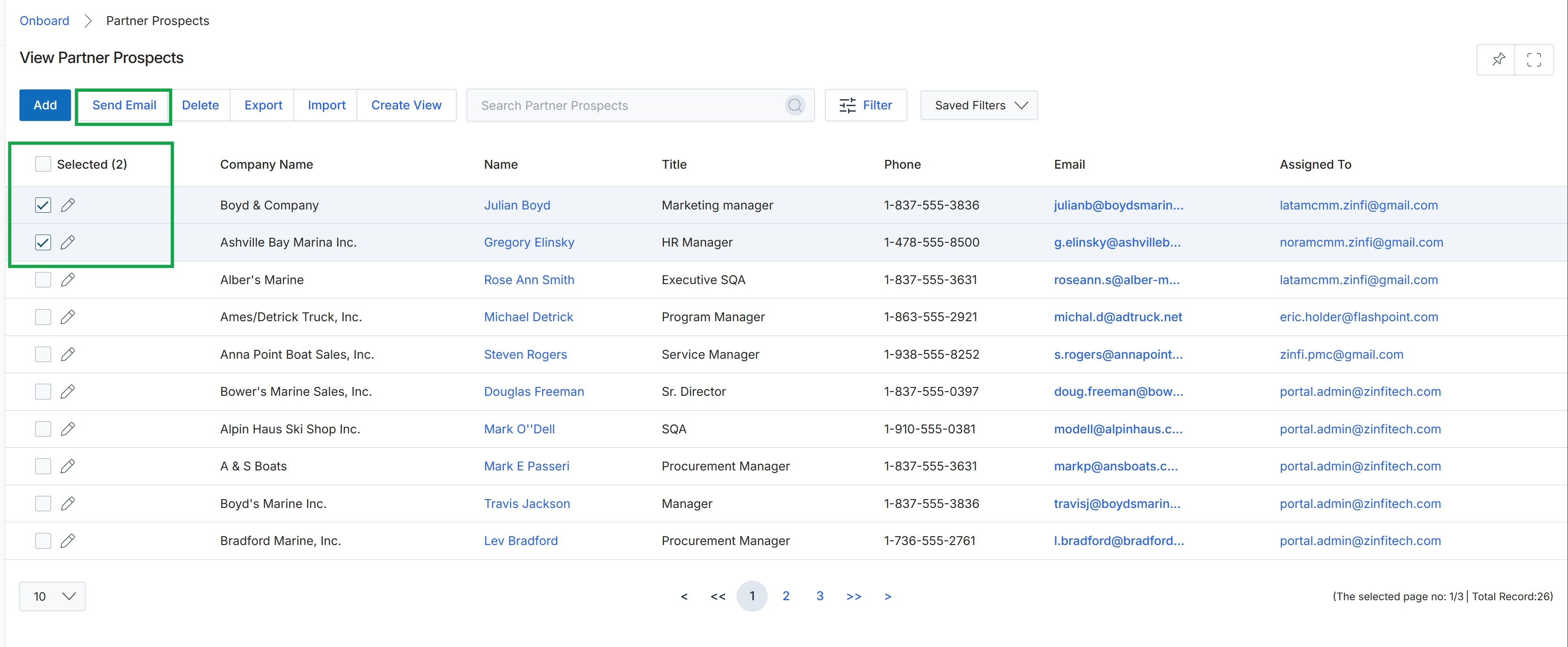Partner Prospects list view with two rows selected