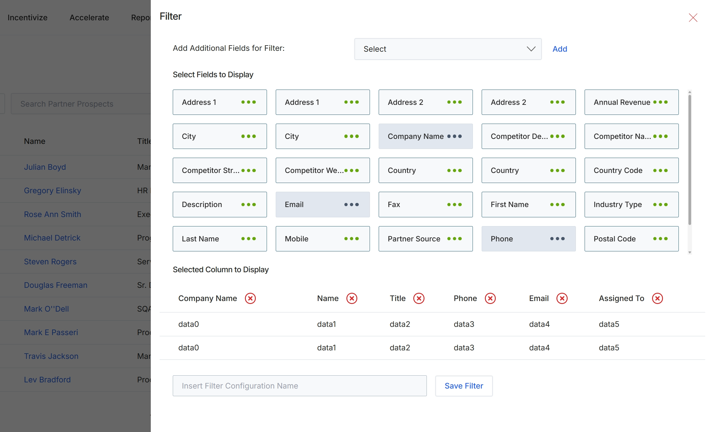 Filter configuration dialog for Partner Prospects