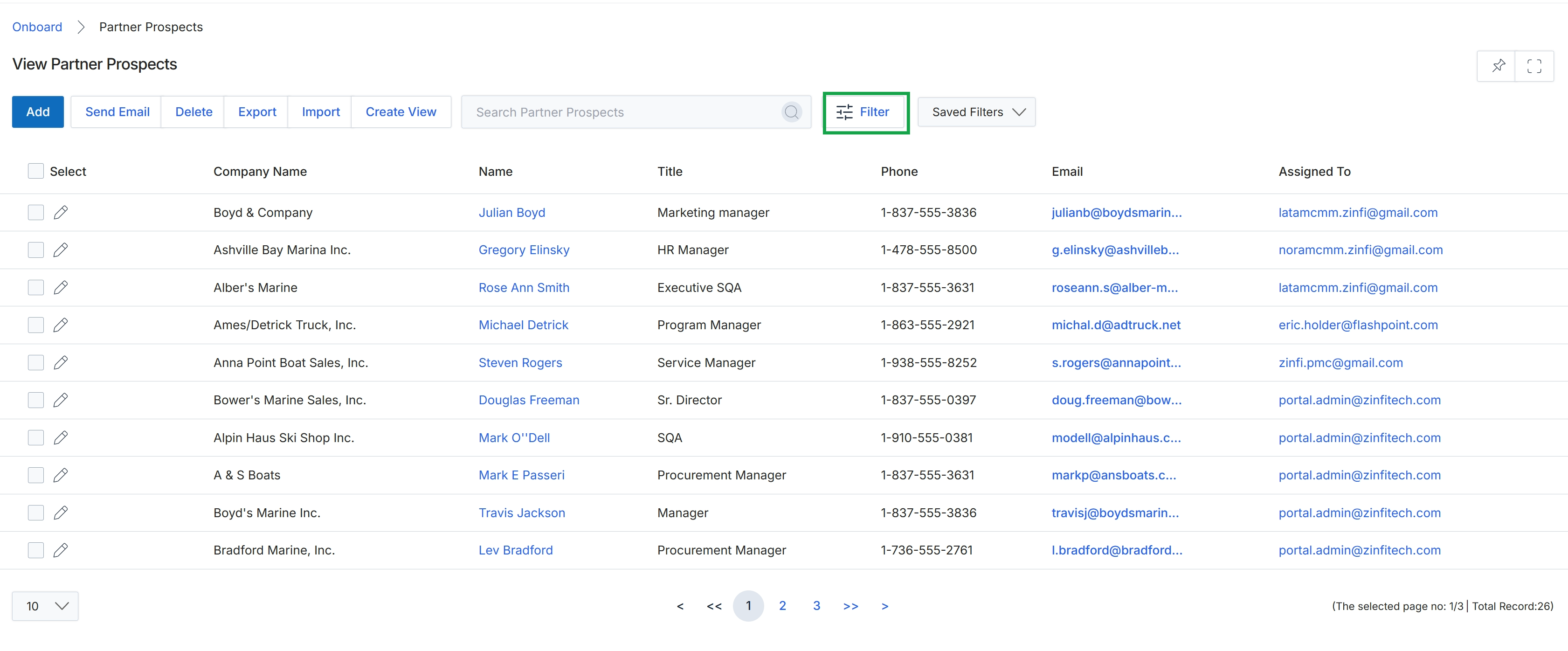 Partner Prospects list view with Filter icon highlighted