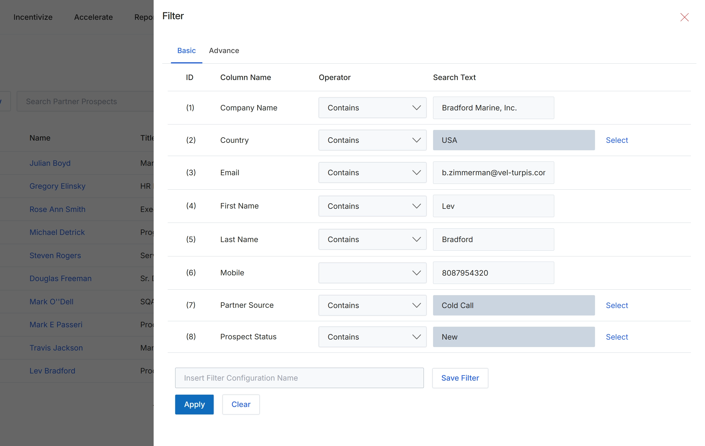 Filter panel for Partner Prospects