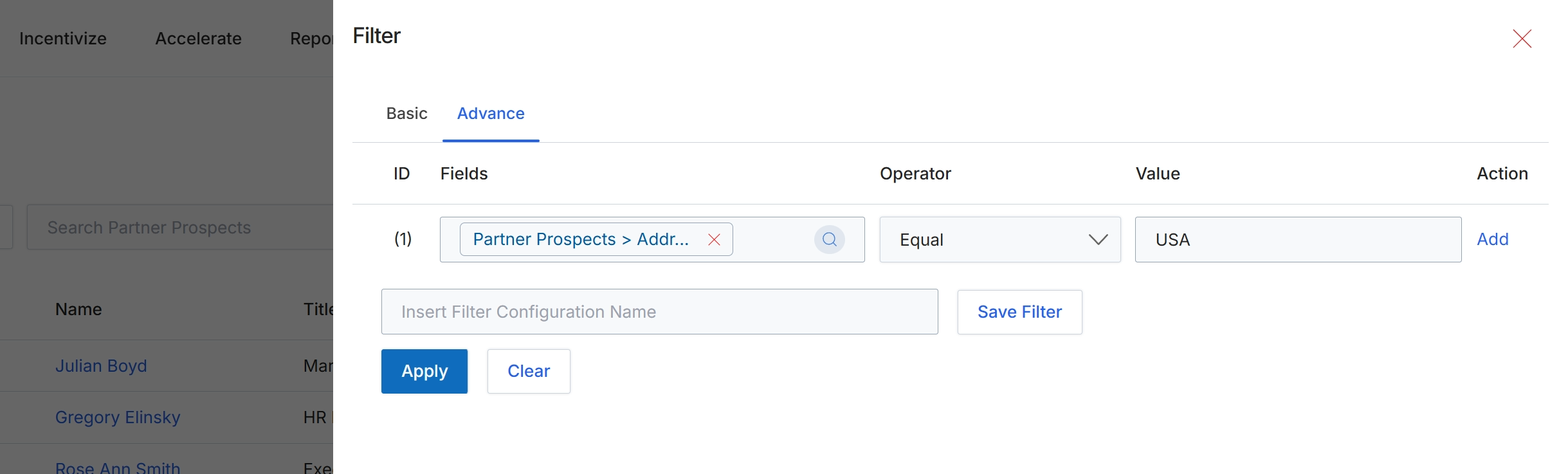 Advanced Filter panel for Partner Prospects