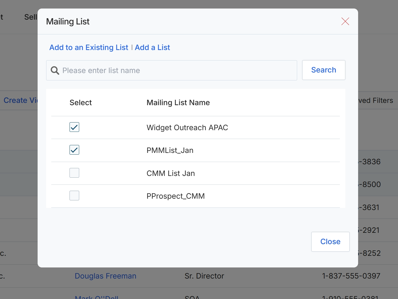 Mailing List selection dialog