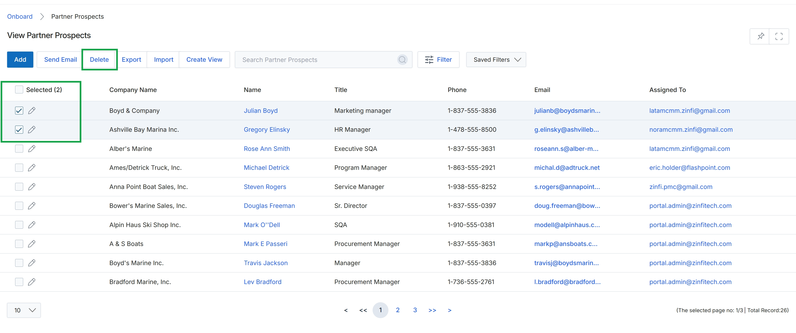 View Partner Prospects list with selected items