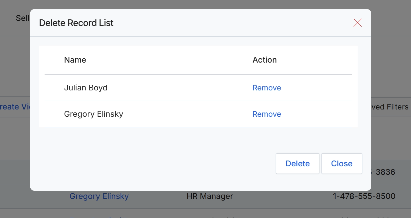 Delete Record List dialog