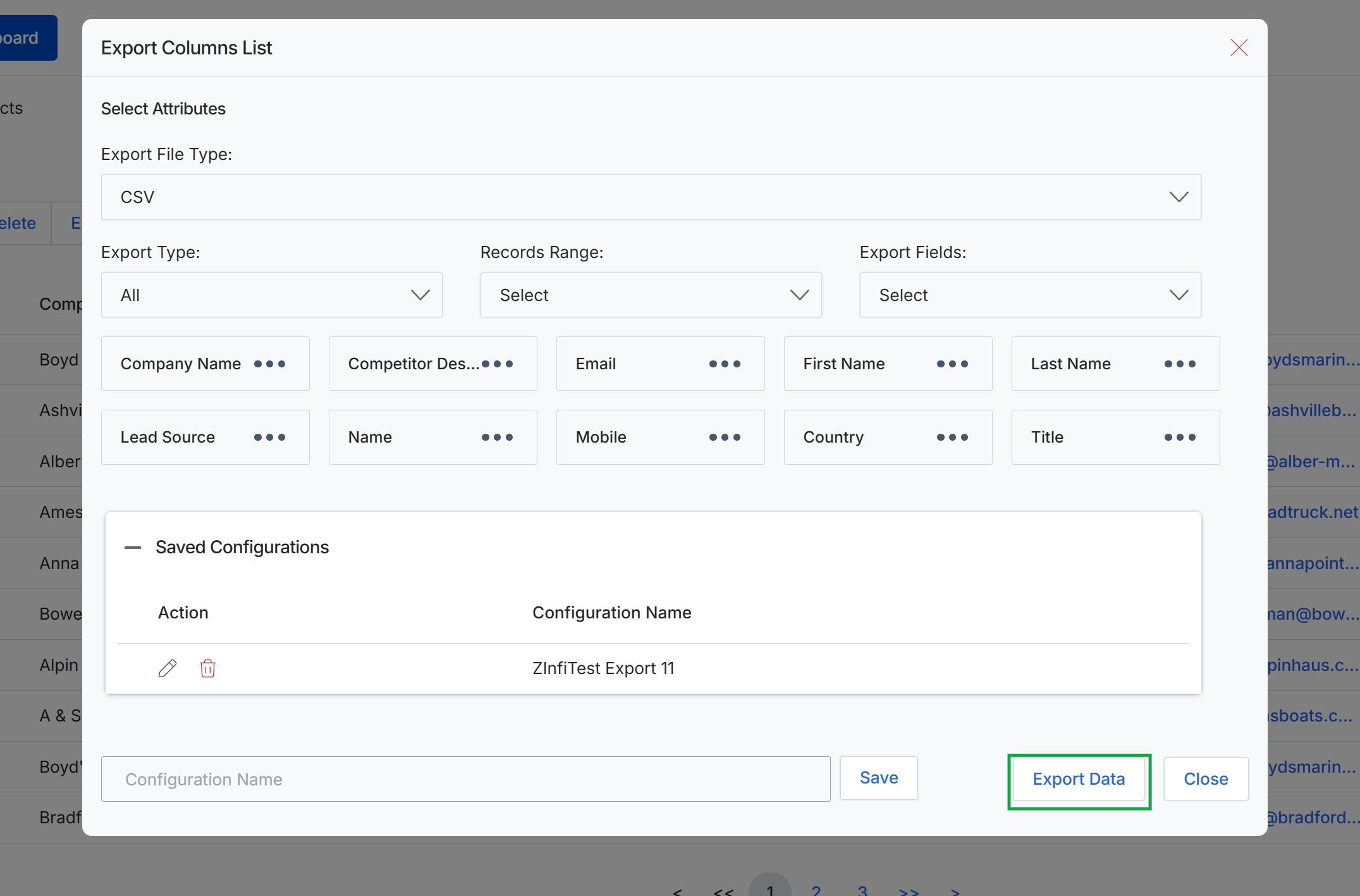 Export Columns List dialog
