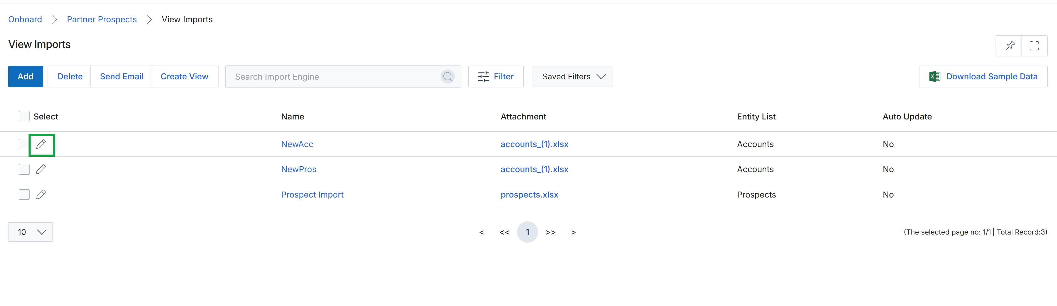 View Imports list screen
