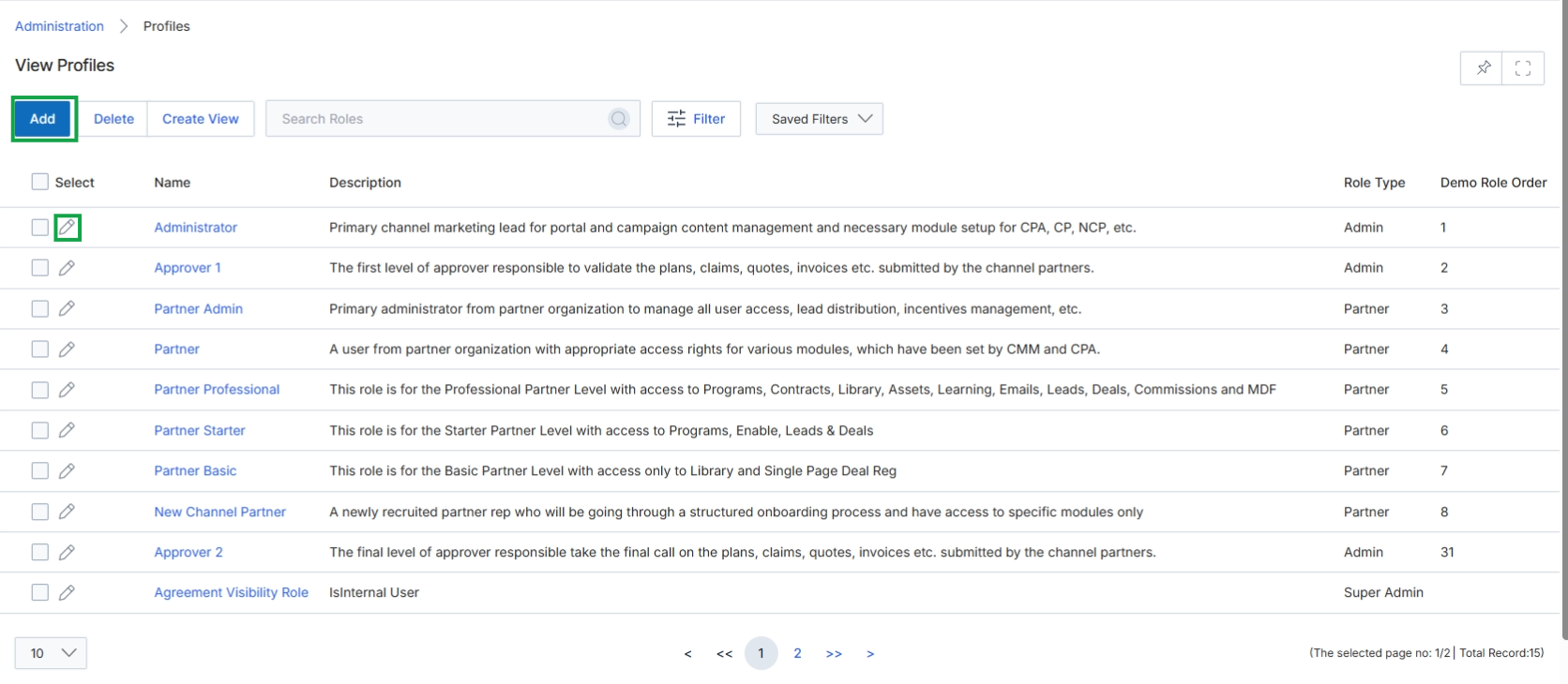 View Profiles list page