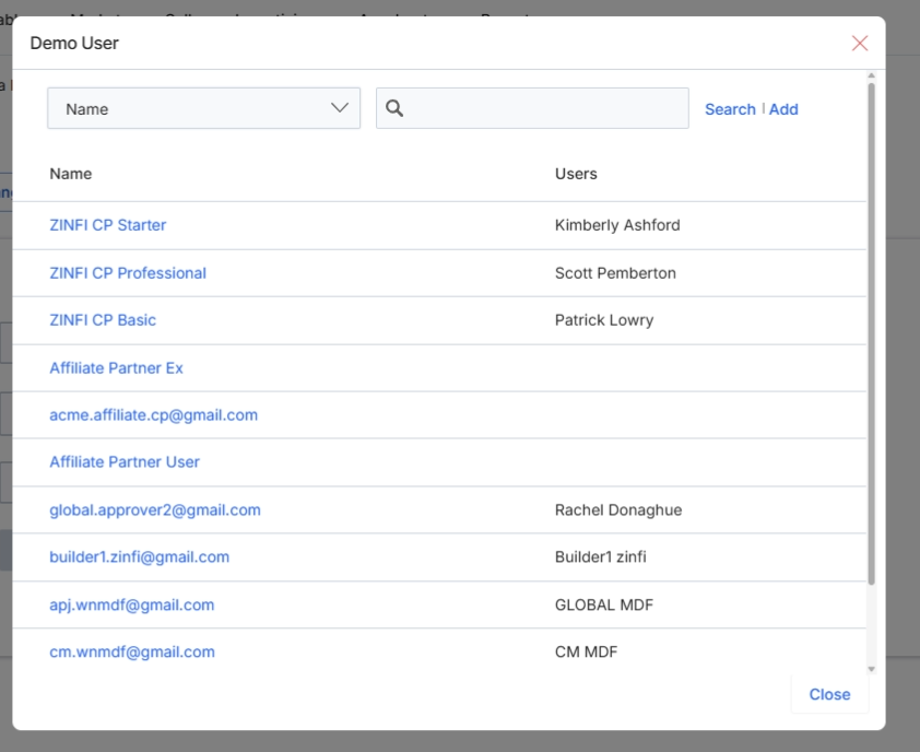 Demo User selection pop-up