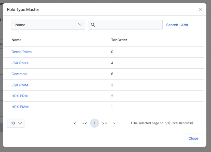 Role Type Master selection modal