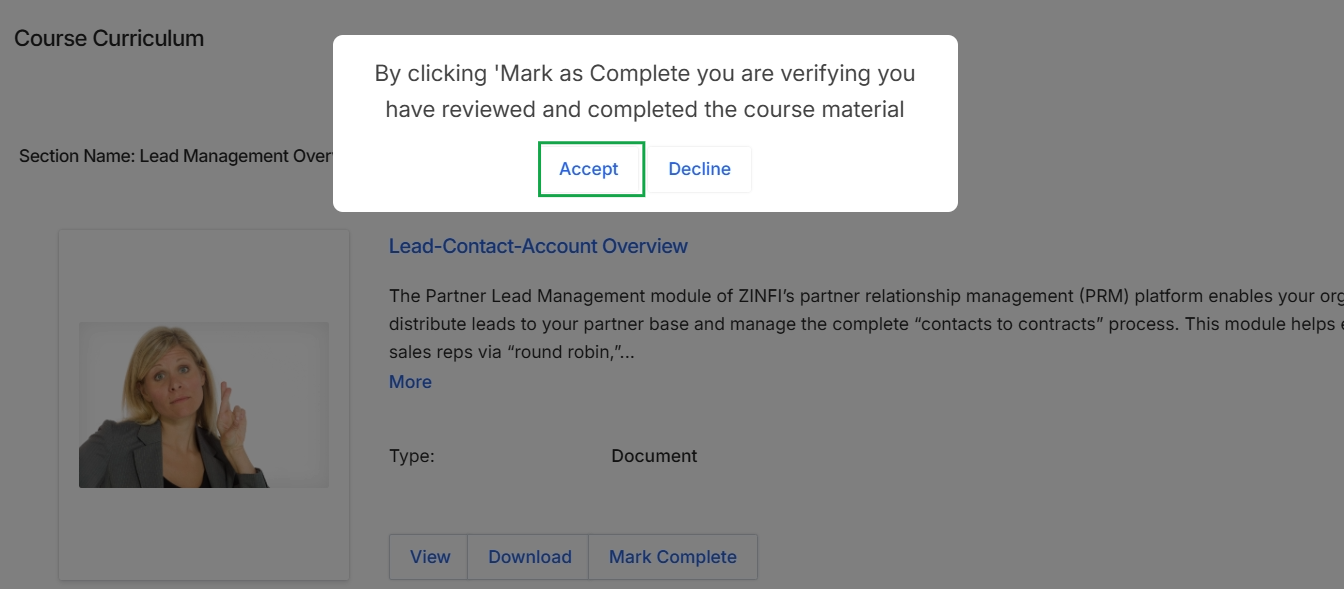 Course completion confirmation dialog
