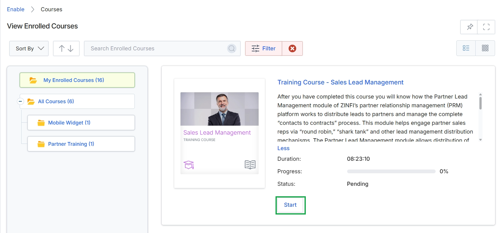 Course detail view with Enroll button highlighted