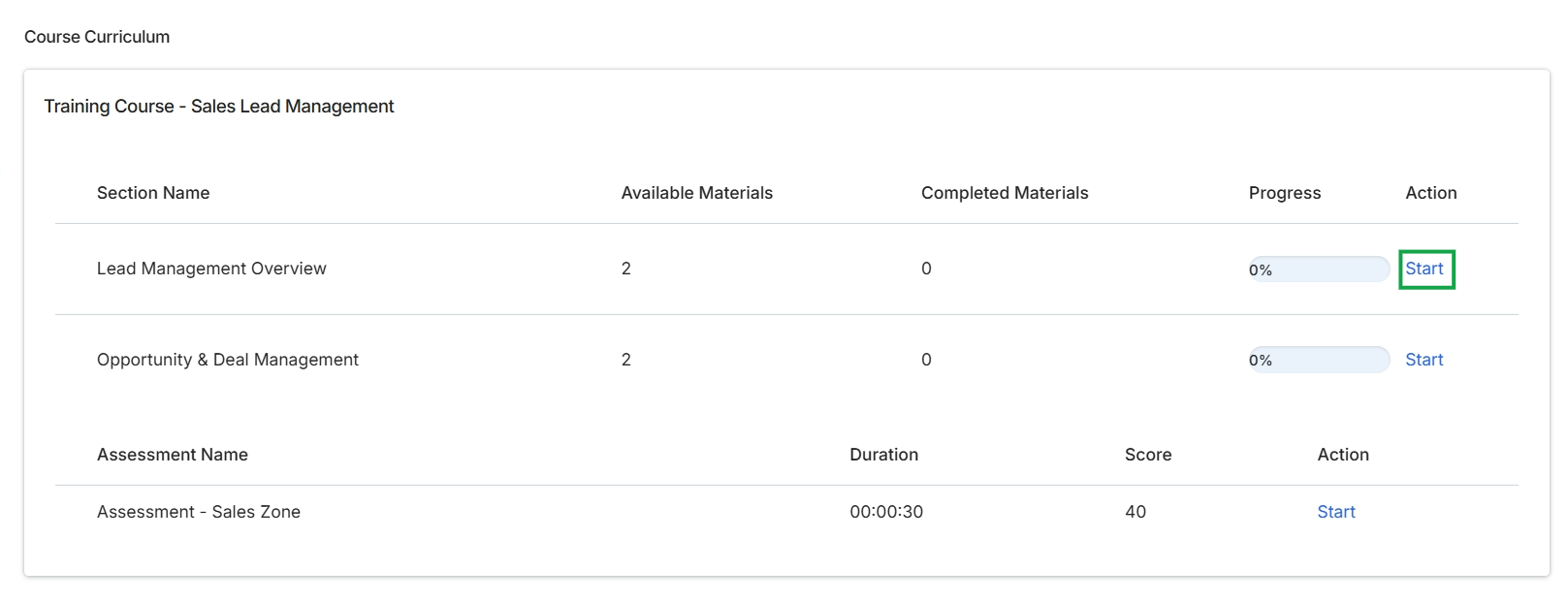 Course Curriculum section with 'Start' button highlighted