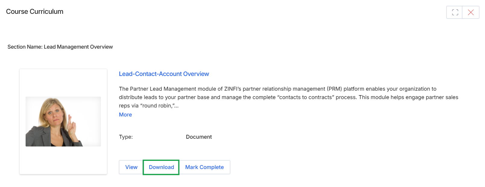 Course curriculum with document download option