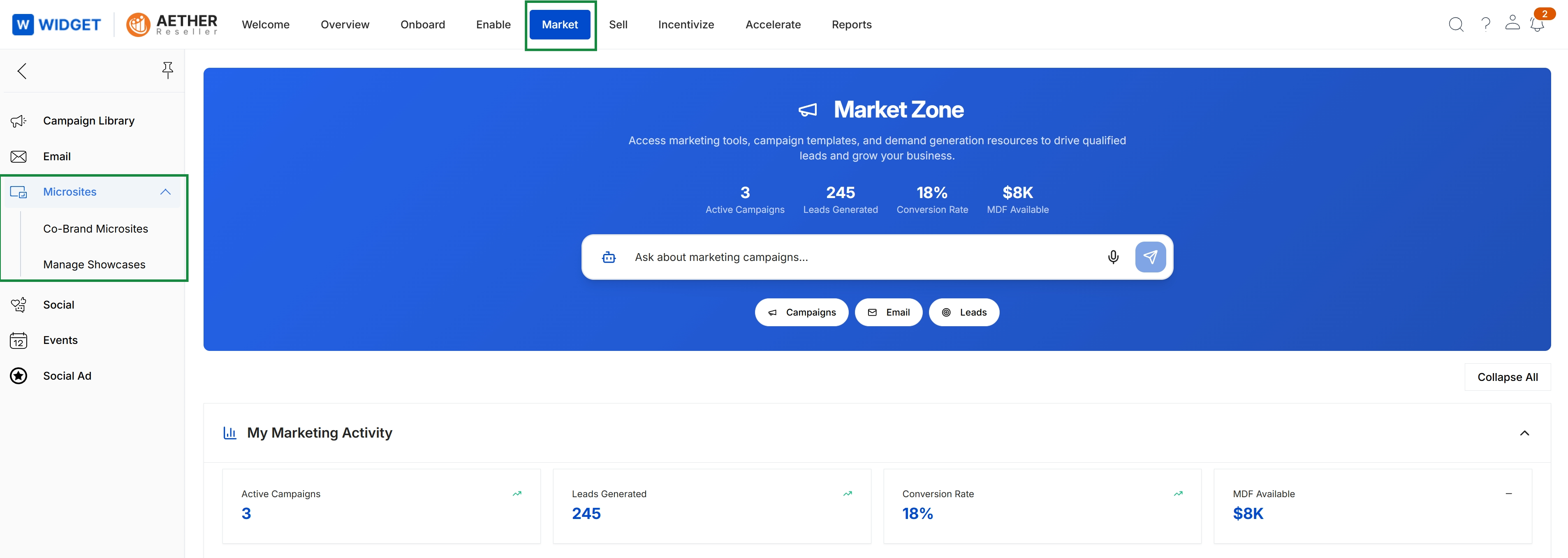 Market Zone overview with Microsites menu expanded