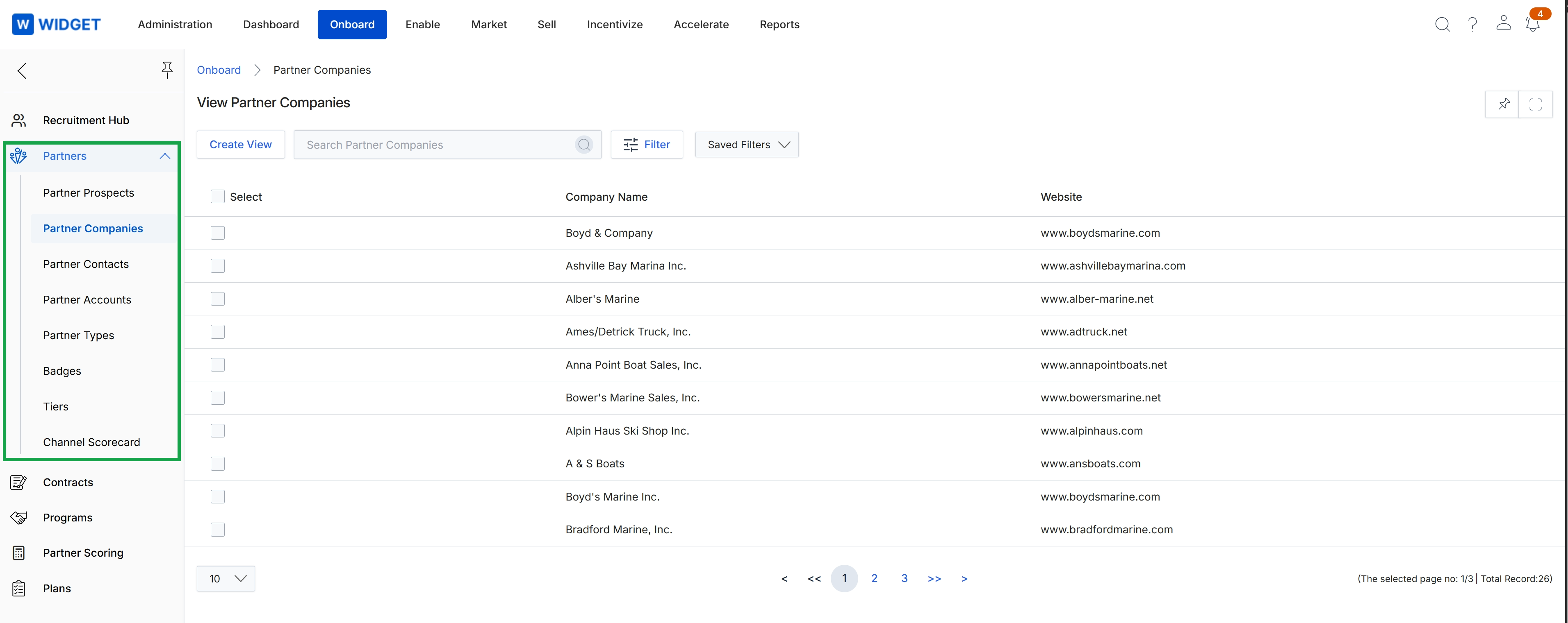 Onboard module with Partner Companies list view