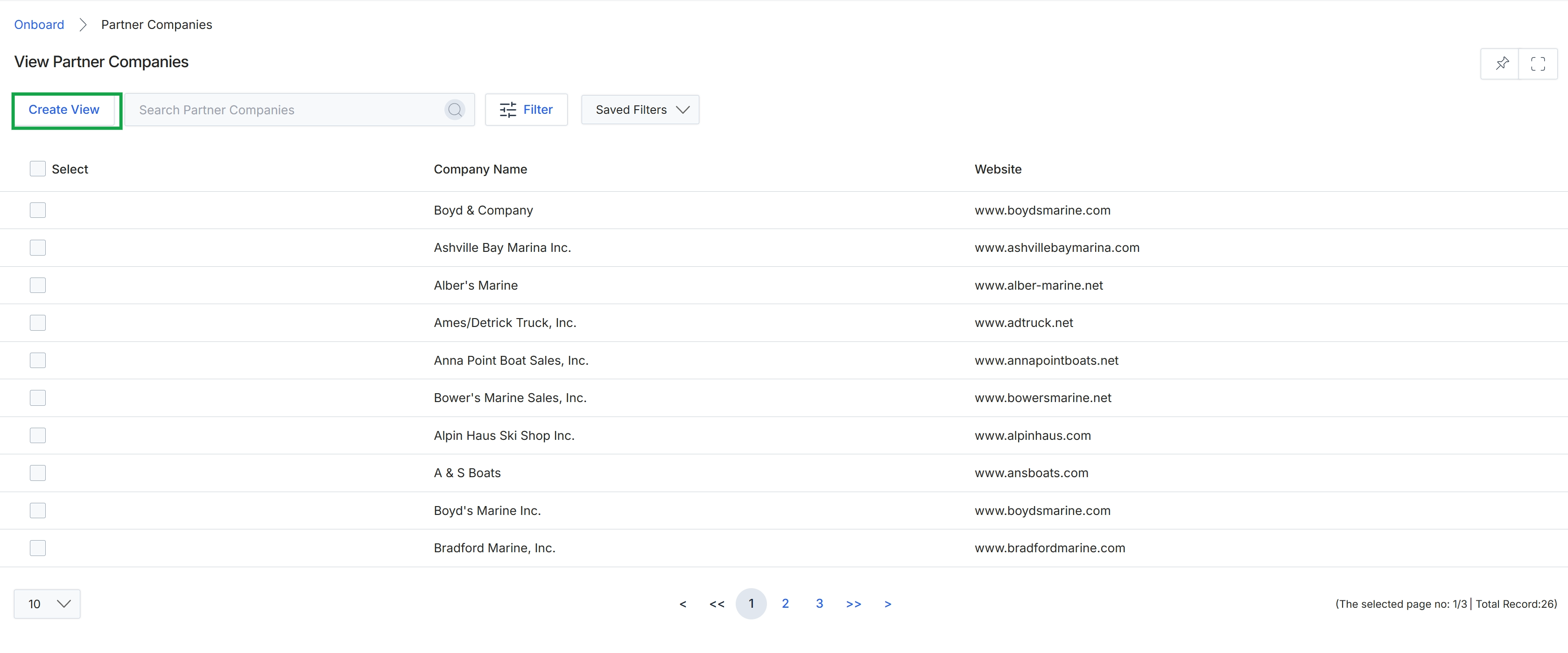 Partner Companies list view