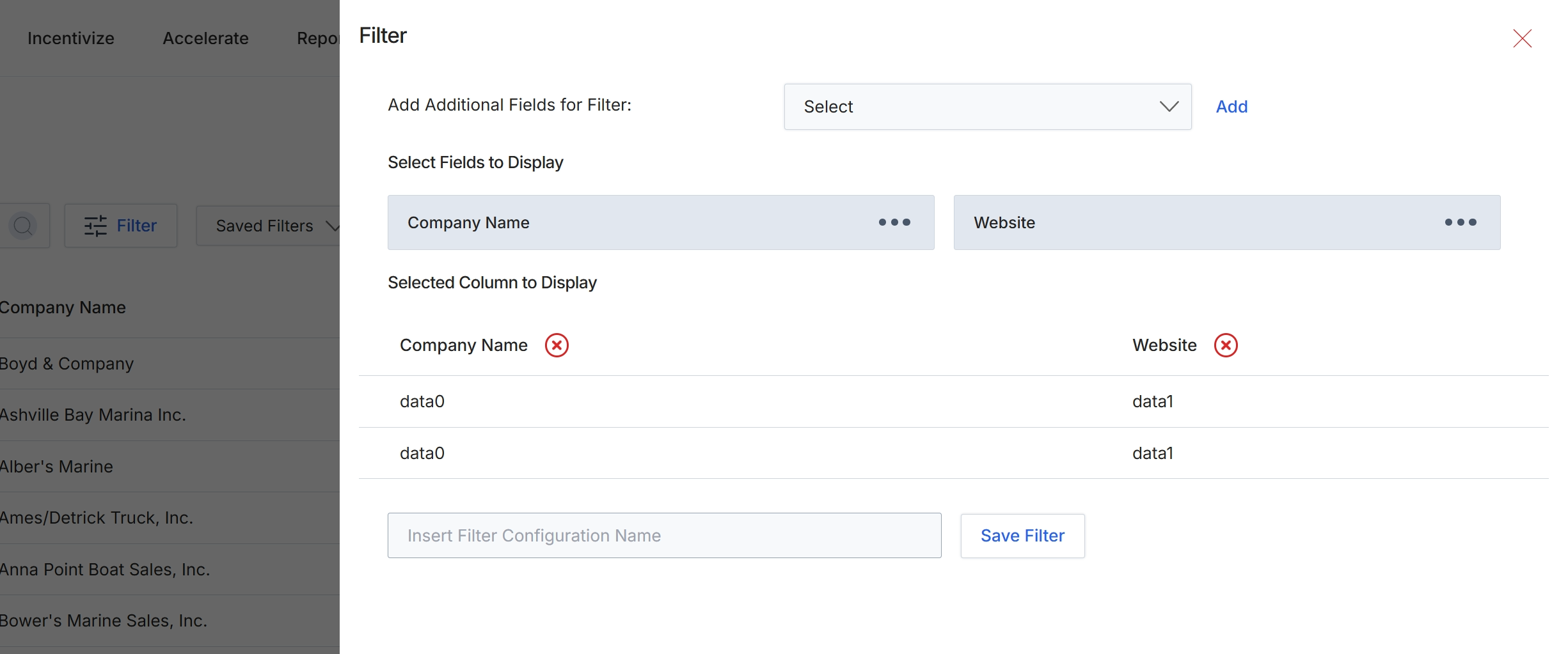 Filter configuration panel