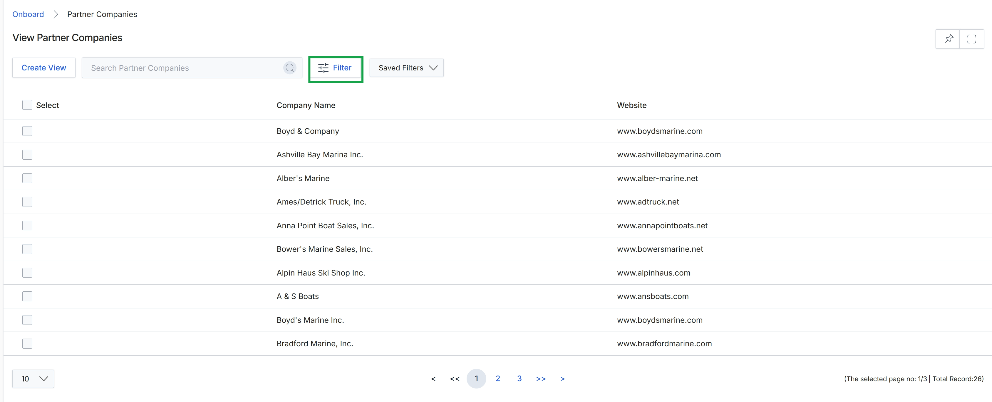 Partner Companies list view with Filter button highlighted