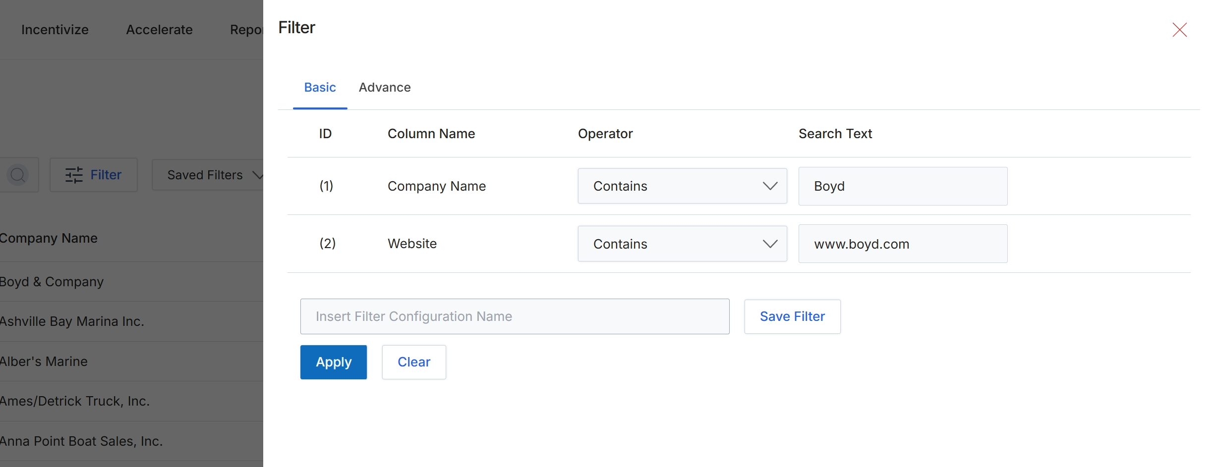 Filter panel for partner companies