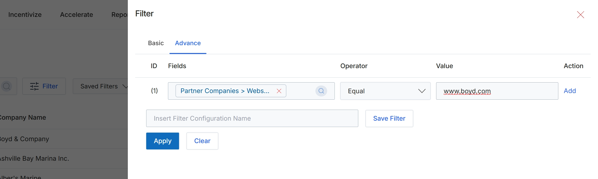 Advanced Filter Configuration Panel