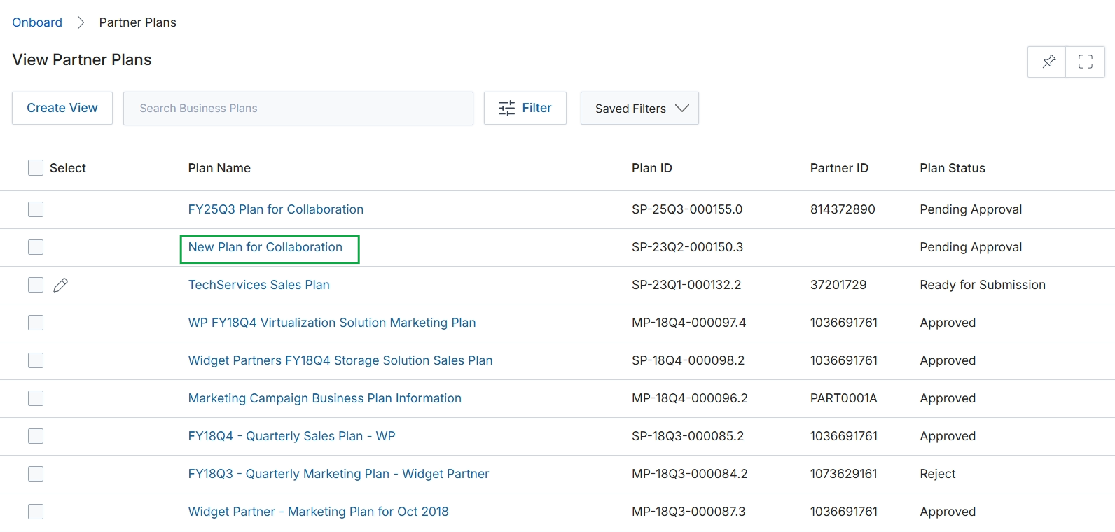 Partner Plans list view