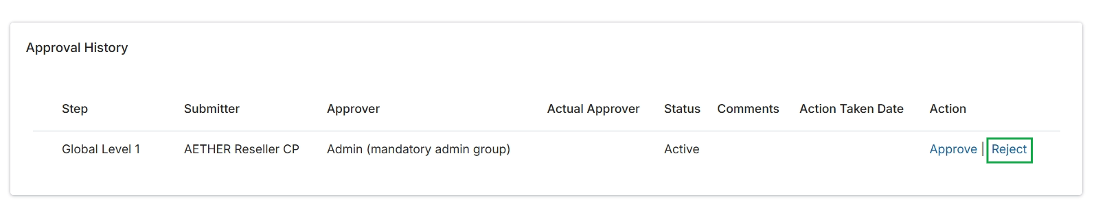 Partner Plan Approval History with Reject button highlighted