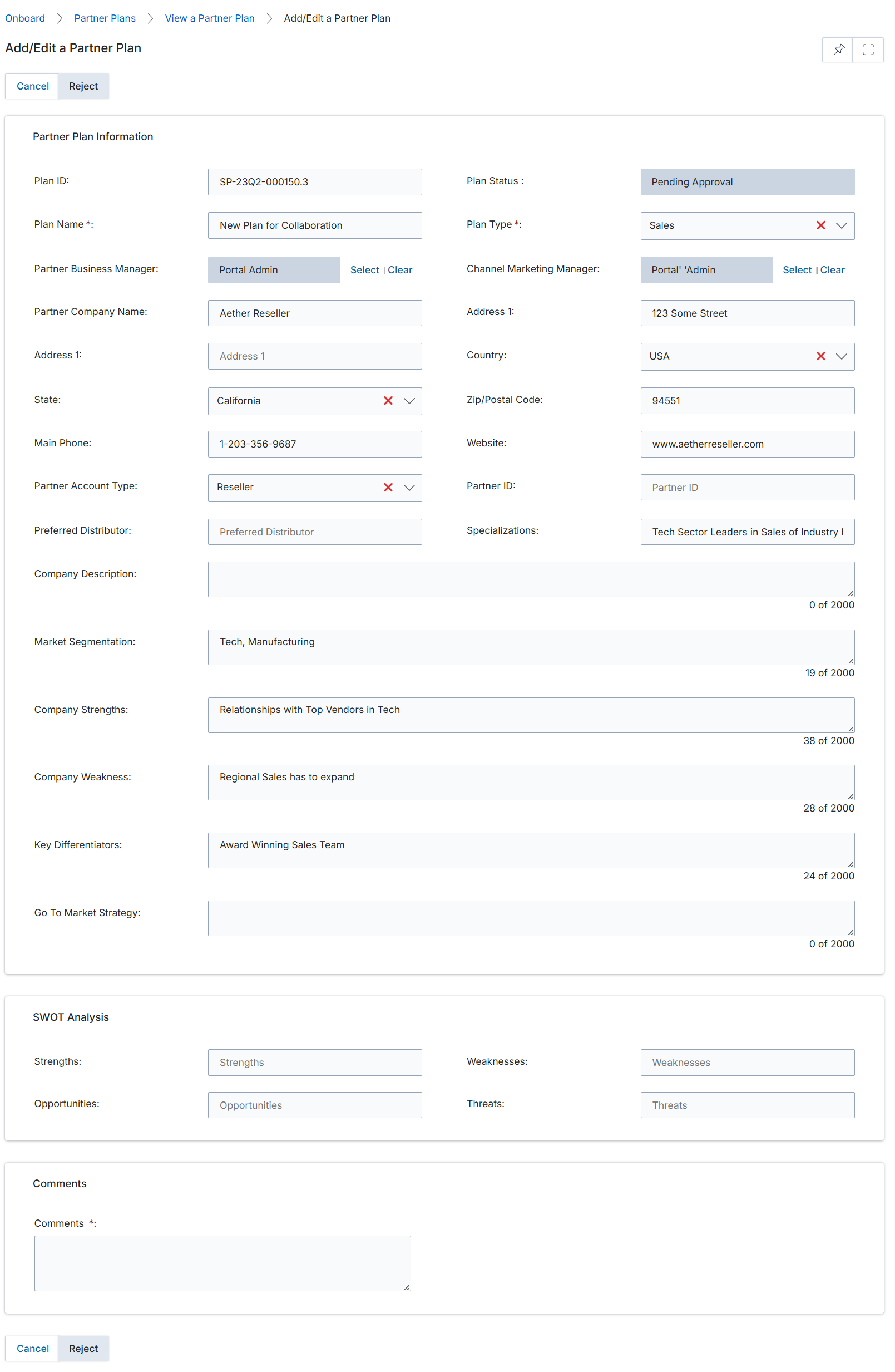 Add/Edit a Partner Plan form