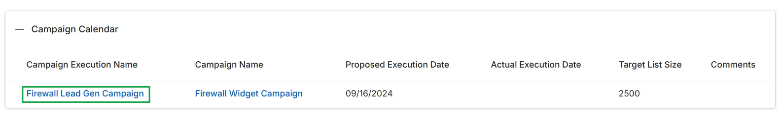Campaign Calendar section of a partner plan