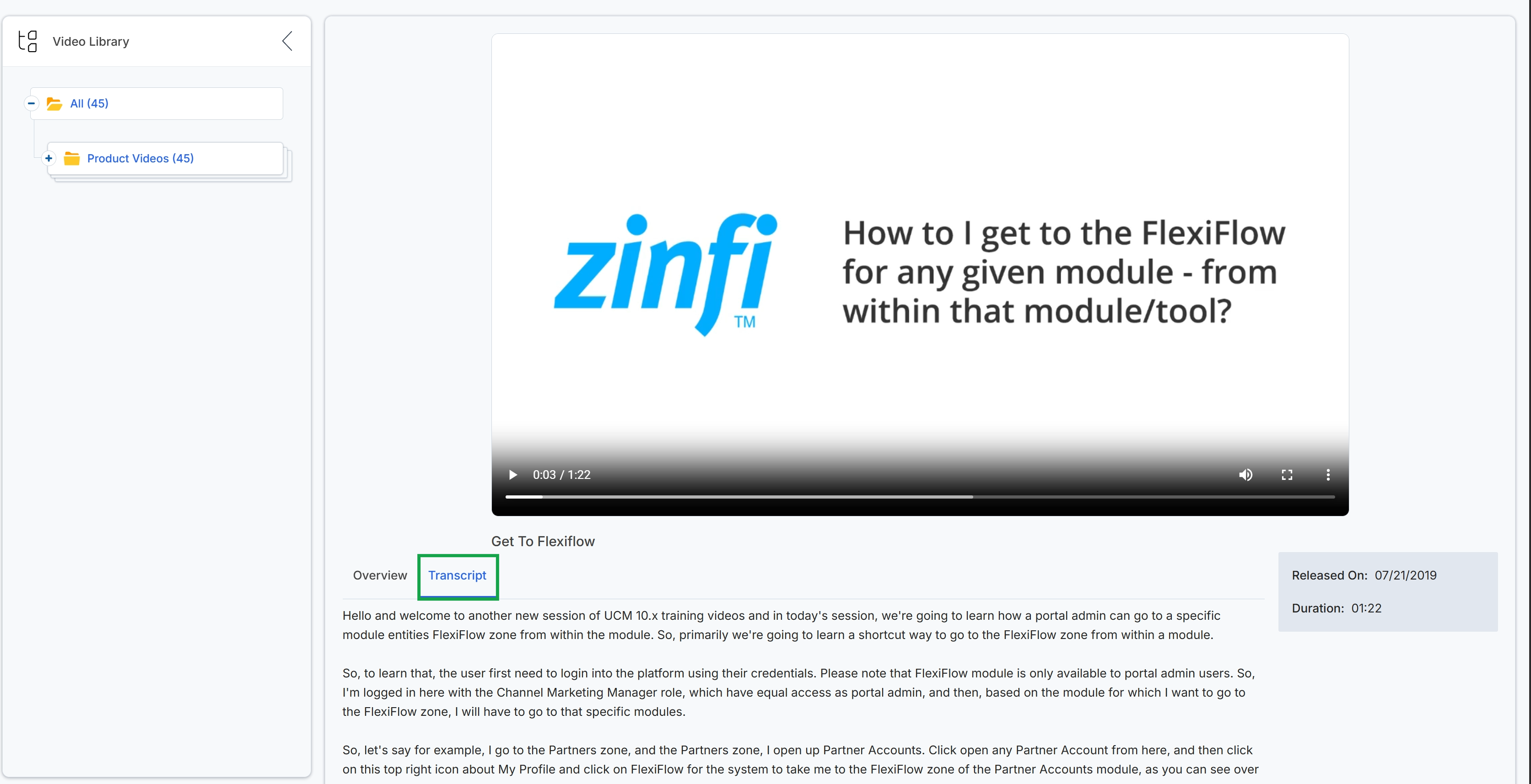 Video Library detail view with Transcript tab active
