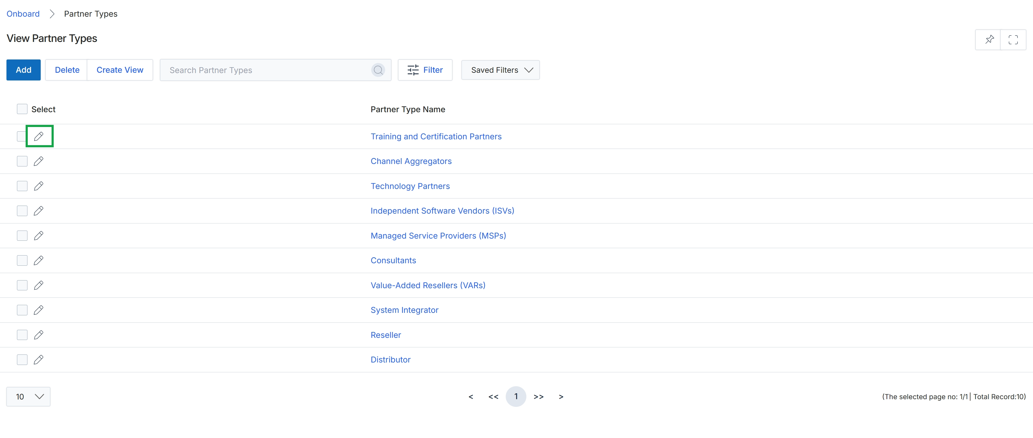 View Partner Types list with edit icons
