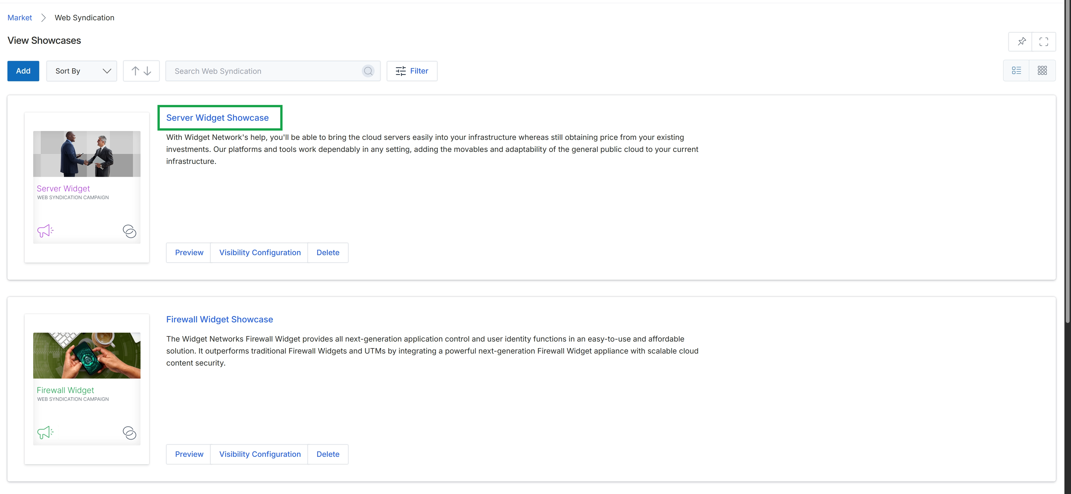 View Showcases page with available web syndication campaigns