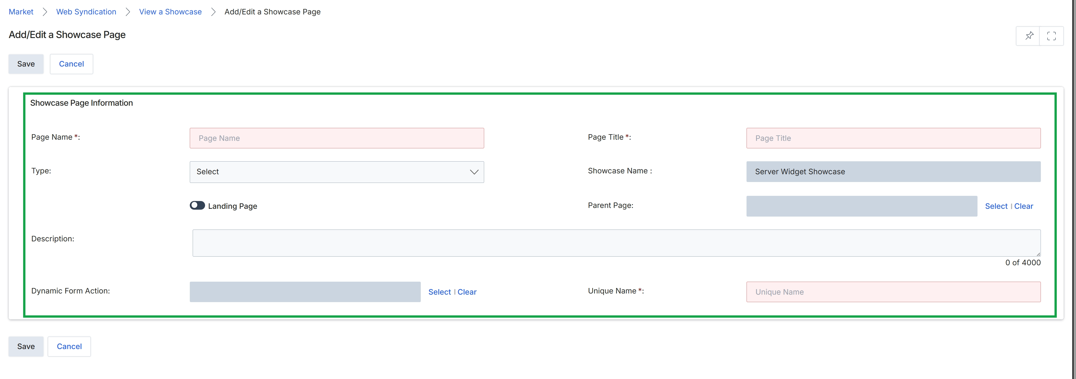 Add/Edit a Showcase Page form