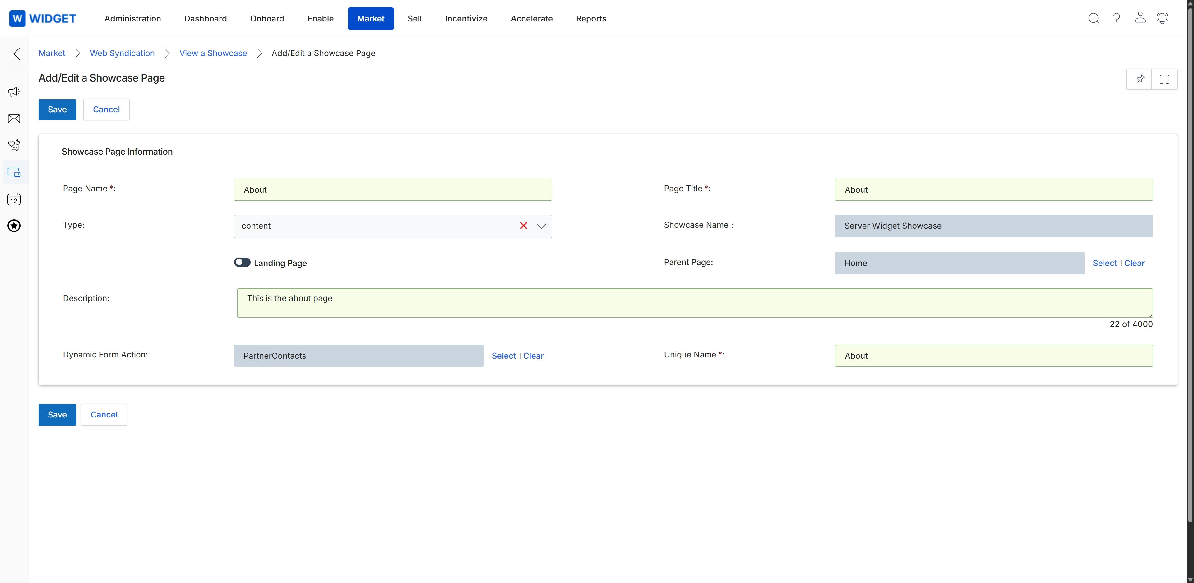 Add/Edit a Showcase Page form