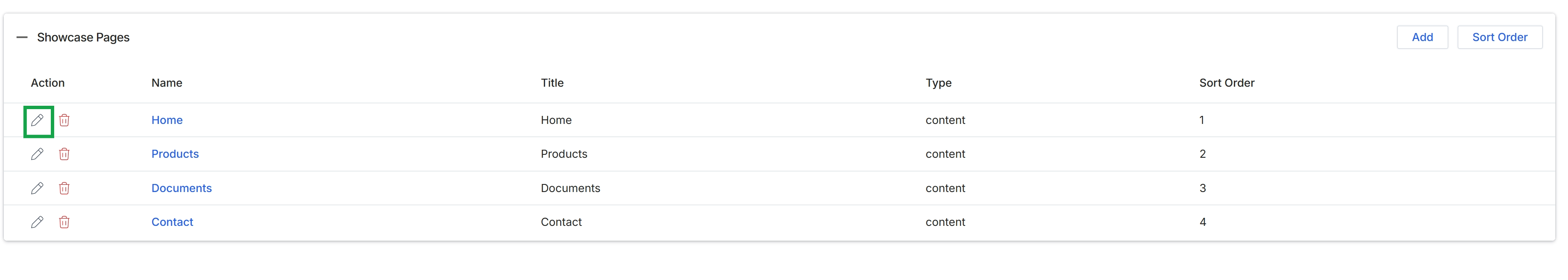 Showcase Pages list with edit icons