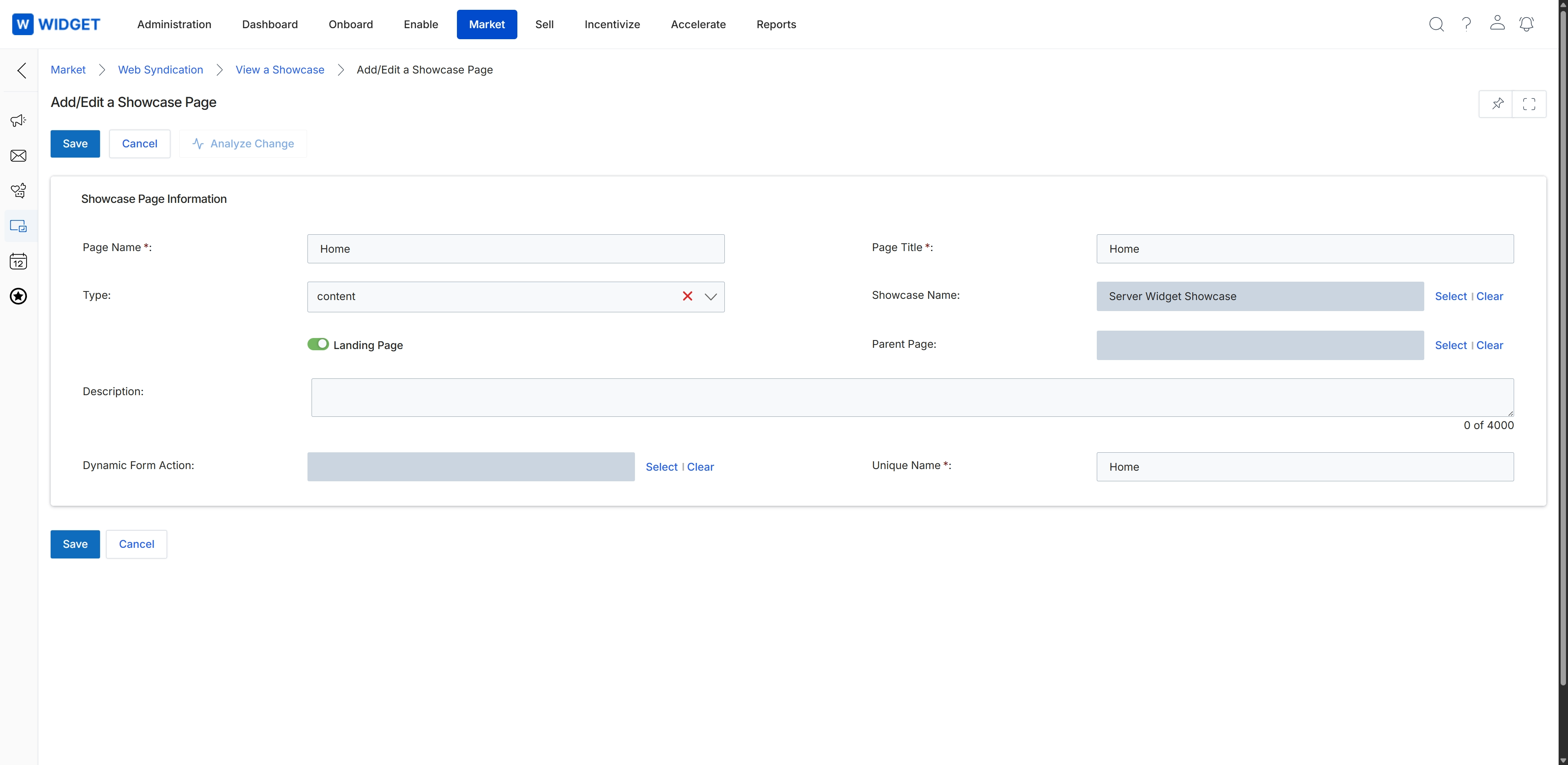 Add/Edit Showcase Page form