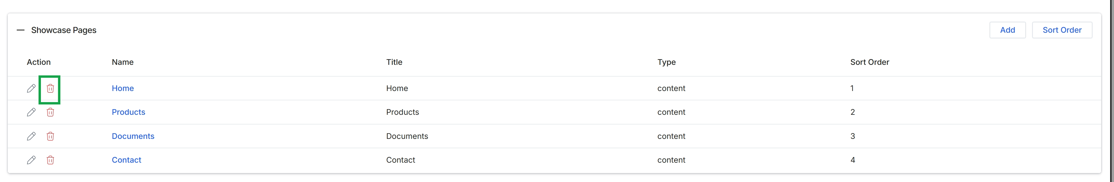 Showcase Pages list with delete icon highlighted