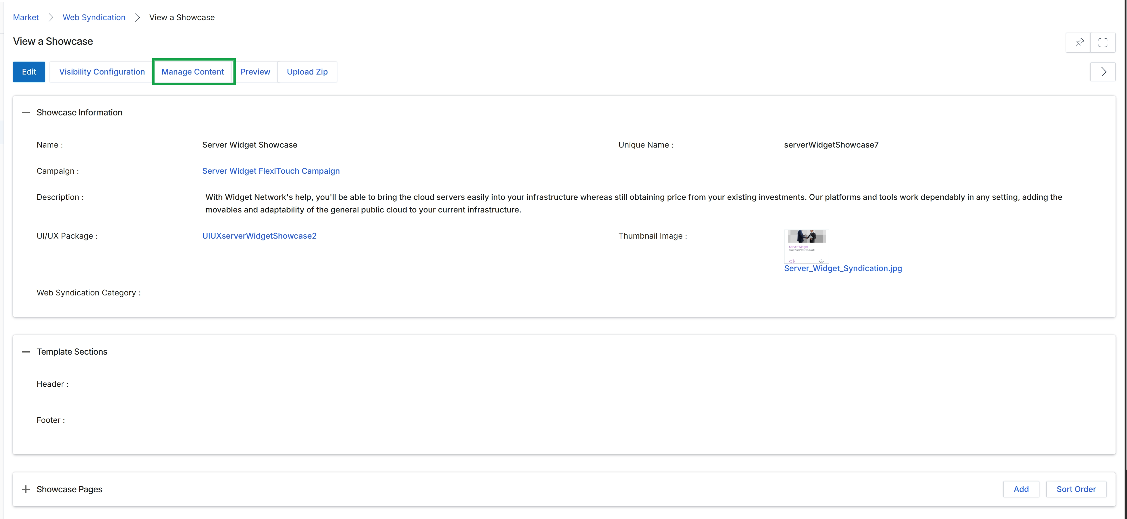 View a Showcase page with tabs
