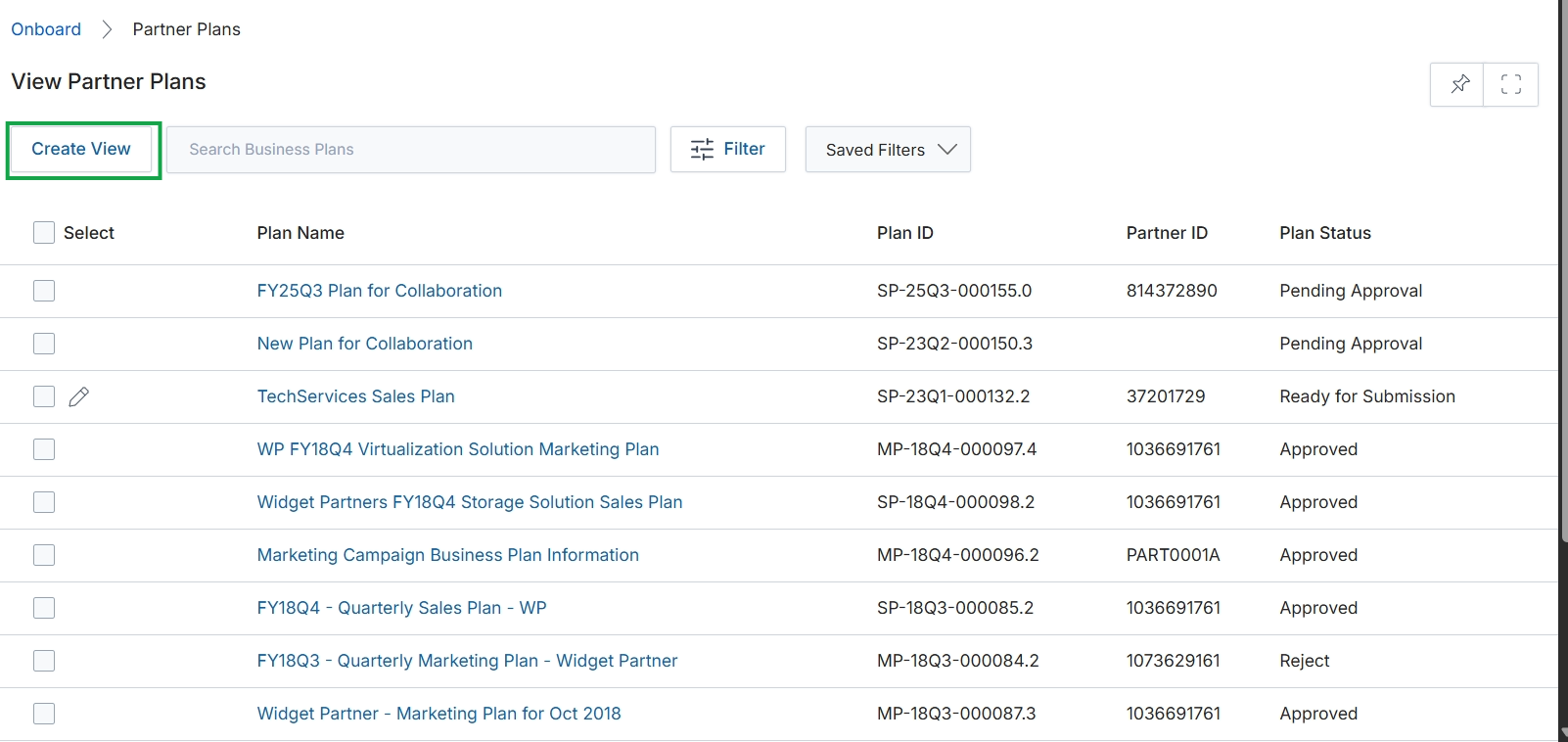 View Partner Plans list page