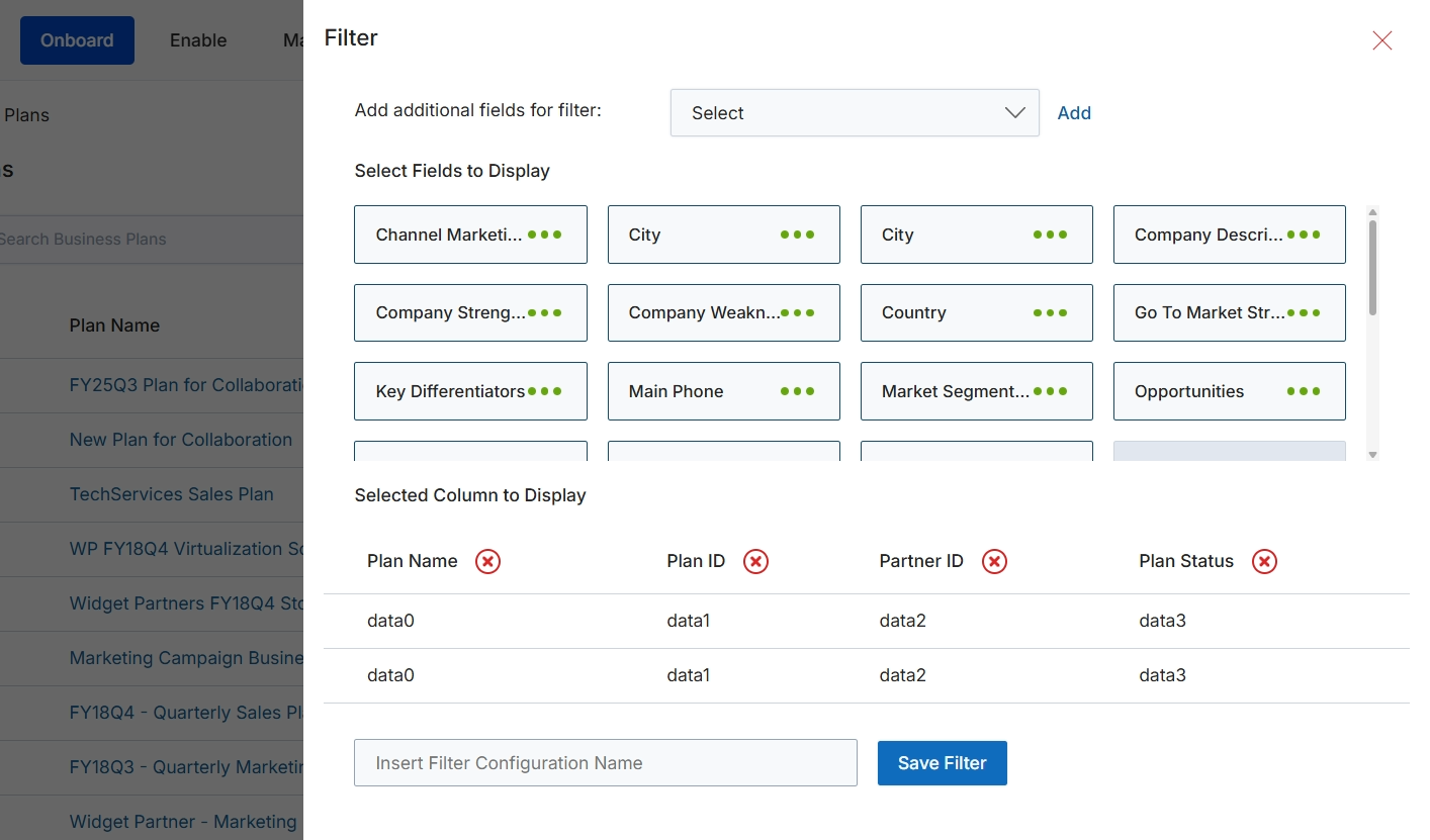 Filter configuration dialog for business plans