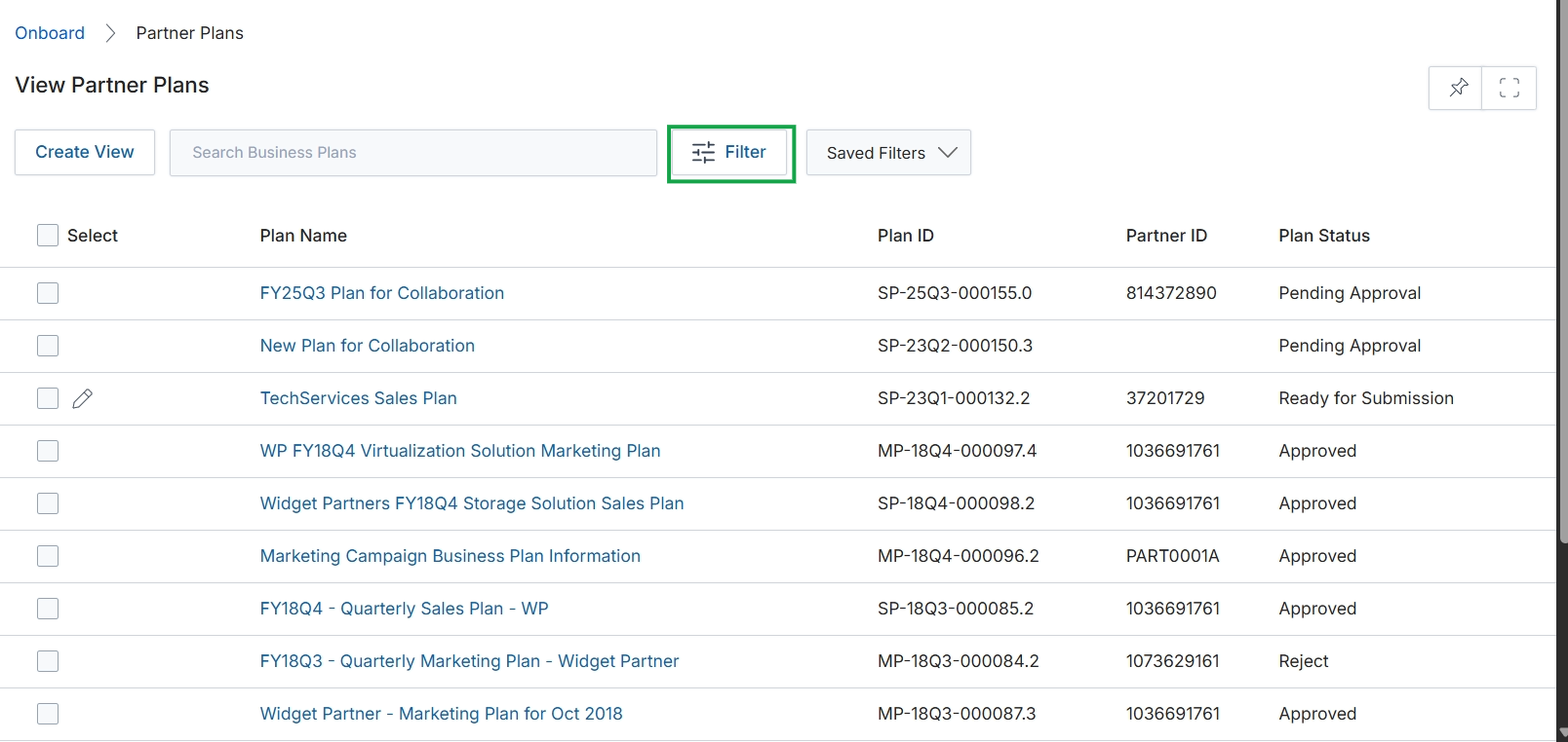 View Partner Plans list with filter button highlighted