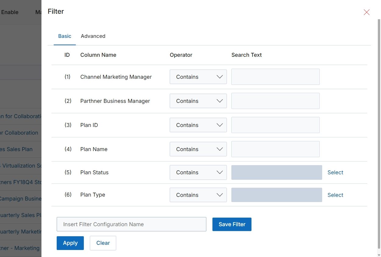 Filter dialog for business plans
