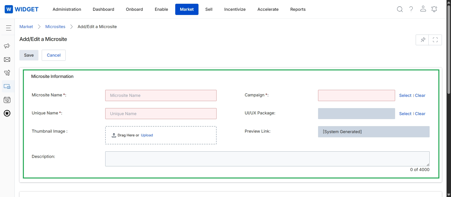 Add/Edit a Microsite form