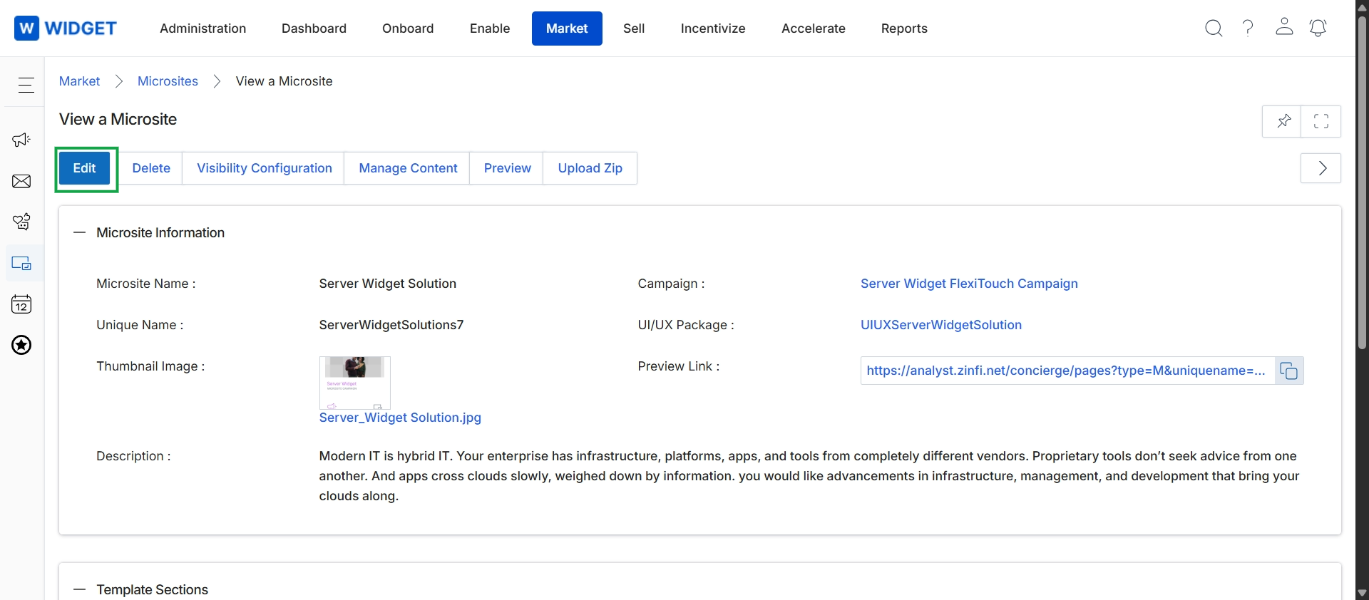 View a Microsite page with Edit button highlighted