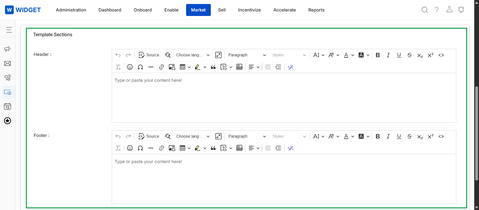 Microsite Template Sections editor