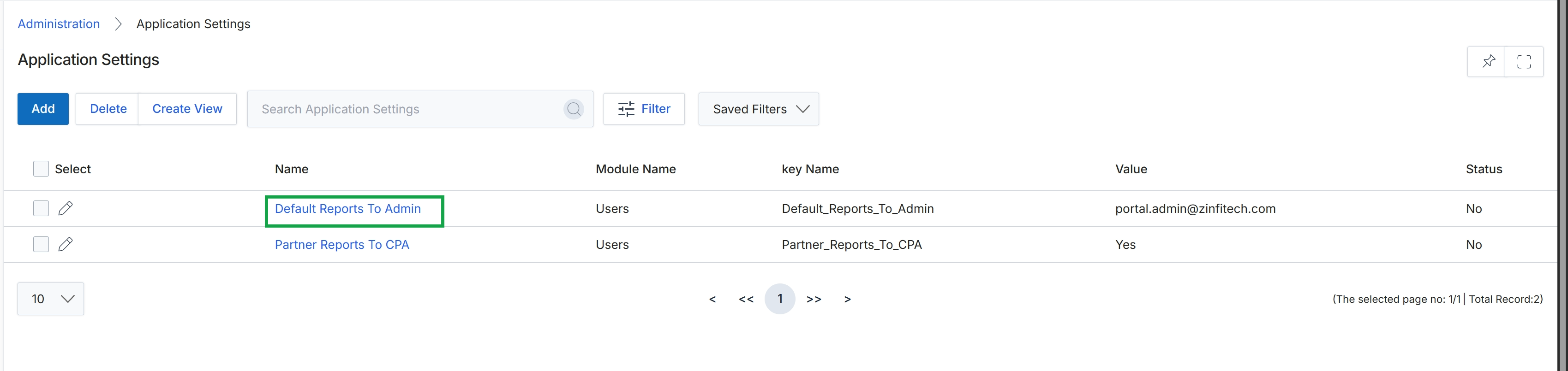 Application Settings list view