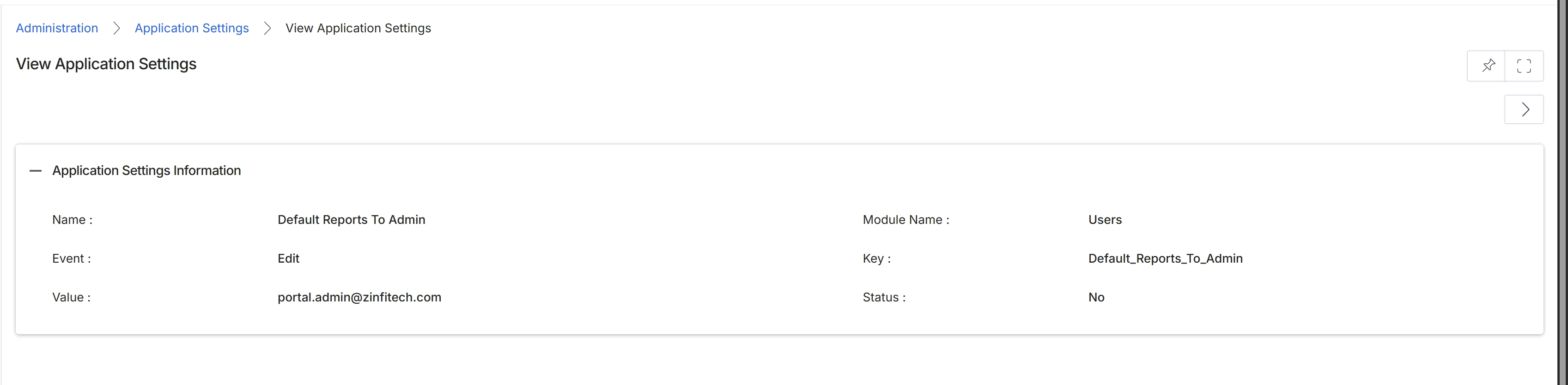 View Application Settings screen
