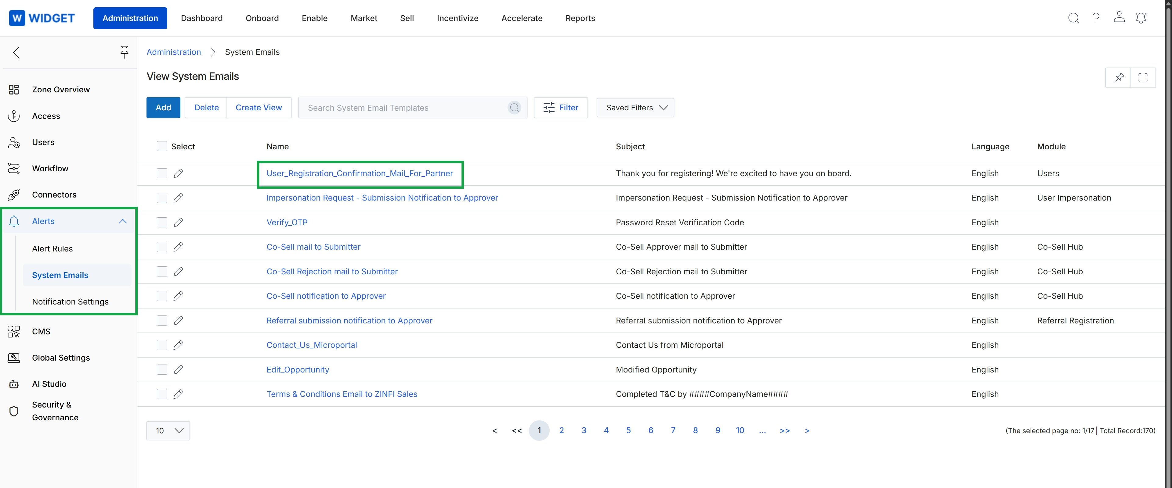 System Emails list view with templates